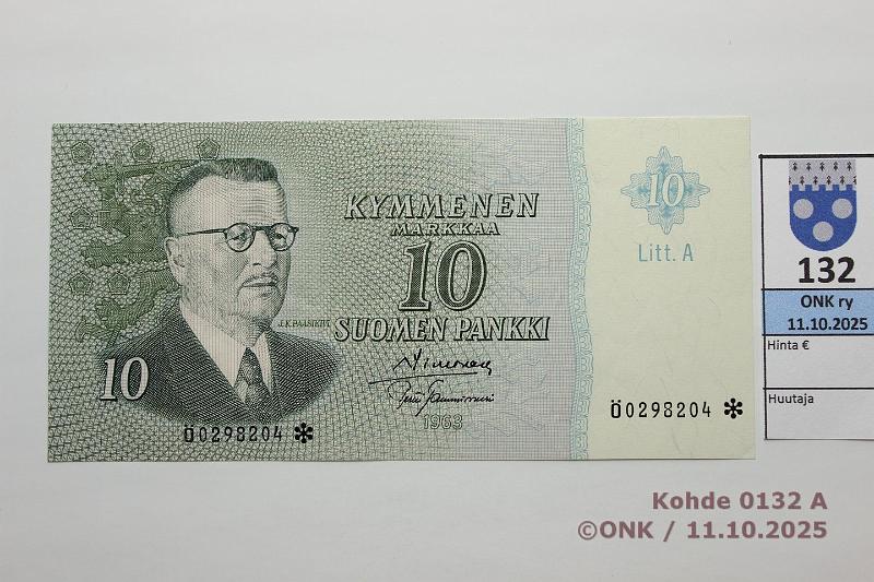 k-0132-a.jpg - Kohde 132, l�ht�hinta: 300 &euro; / ei tarjouksia 10 mk 1963 LA �* SNY 146.4.4 �0298204* SIM-Tam, korvaava, kevyt keskitaite, painaumia, kunto: 8