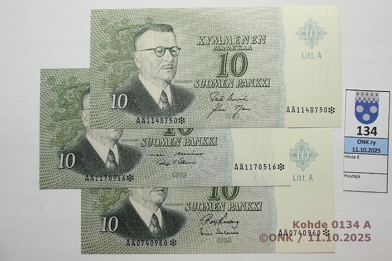 k-0134-a.jpg - Kohde 134, lhthinta: 22 € / myyntihinta: 22 € 10 mk 1963 LA A* (3) SNY 146.4.8 UUS-Nar, KU I-Hes, AL I-M1, korvaavia, kunto: 9