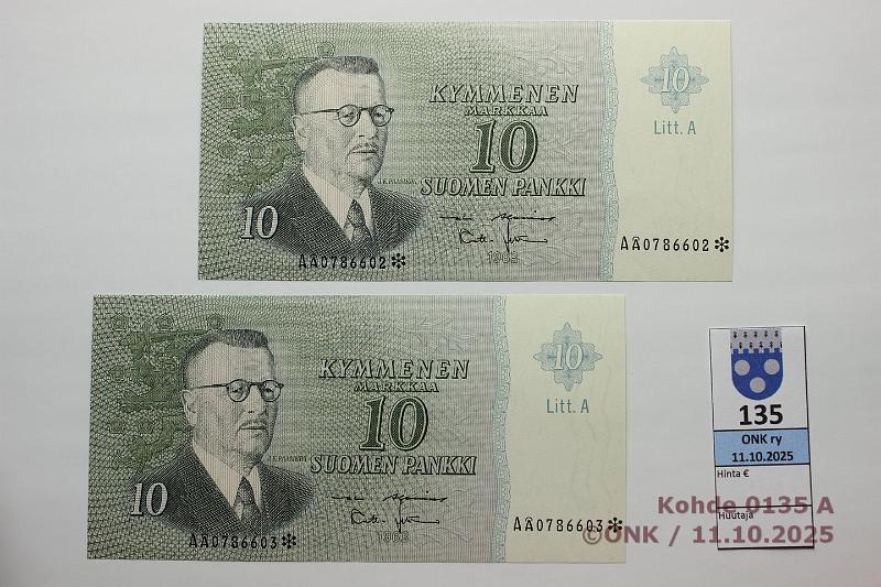 k-0135-a.jpg - Kohde 135, lhthinta: 20 € / myyntihinta: 20 € 10 mk 1963 LA A* (2) SNY 146.4.8 A0786602-03* AL I-Leh, vl1, 2 perk. korvaavaa, toisessa painuma, kunto: 9