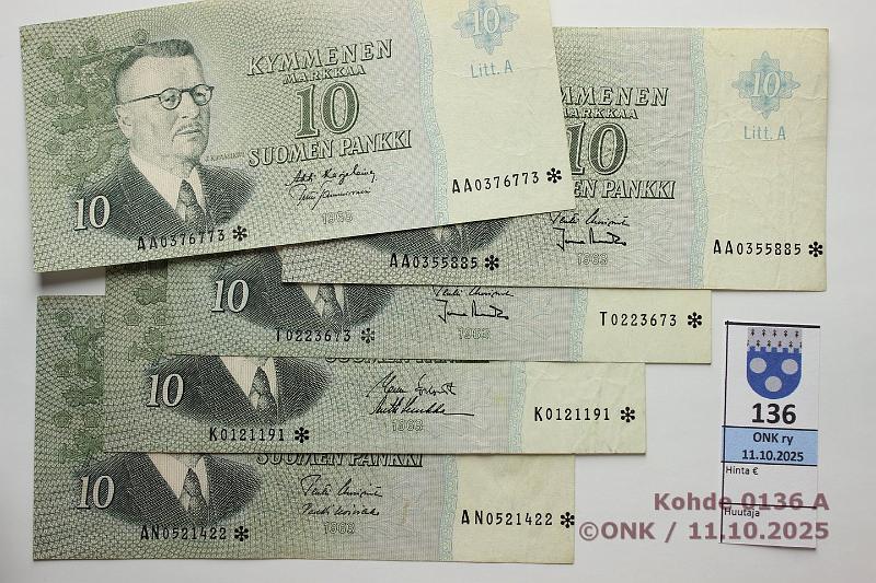 k-0136-a.jpg - Kohde 136, lhthinta: 20 € / myyntihinta: 20 € 10 mk 1963 LA * (5) SNY 146.4.2-8 K*
KO I-Luu, T*
UUS-Ara (matta), AA*
UUS-Ara, KA I-Tam, AN*
UUS-Ko1, kunto: 4-5