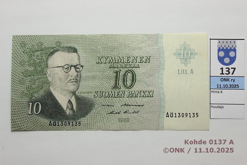 k-0137-a.jpg - Kohde 137, l�ht�hinta: 180 &euro; / ei tarjouksia 10 mk 1963 LA A�-sarja SNY 146.4.9 A�1309135 AL I-Pu1, vl1, korvaava, kunto: 6