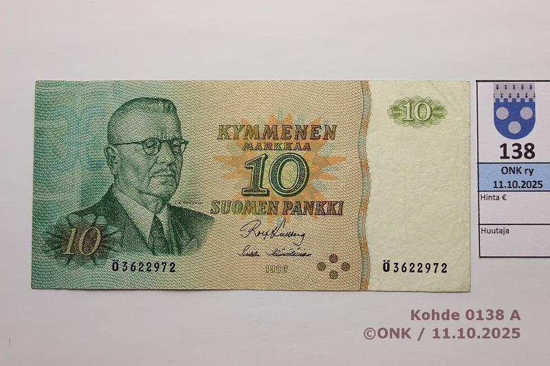 k-0138-a.jpg - Kohde 138 (kuva 1/2), l�ht�hinta: 50 &euro; / ei tarjouksia 10 mk 1980 SNY 147.1.1 �3622972 KU I-H�1, painovirhe: arvomerkint� vaalean vihre�, matta, kunto: 4