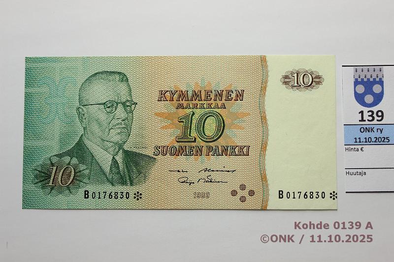 k-0139-a.jpg - Kohde 139, lhthinta: 10 € / myyntihinta: 12 € 10 mk 1980 B* SNY 147.2.2 B0176830* AL I-M1, korvaava, painumia, kunto: 9