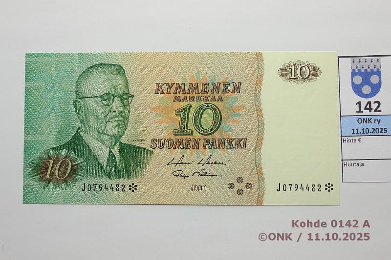 k-0142-a.jpg - Kohde 142, lhthinta: 8 € / ei tarjouksia 10 mk 1980 J* SNY 147.2.4 J0794482* HOL-M1, korvaava, kunto: 9