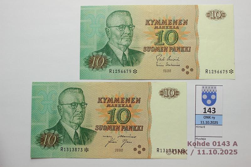 k-0143-a.jpg - Kohde 143, l�ht�hinta: 8 &euro; / myyntihinta: 8 &euro; 10 mk 1980 R* (2) SNY 147.2.5 UUS-Hes, AL I-Nar, korvaavia, kunto: 6, 7