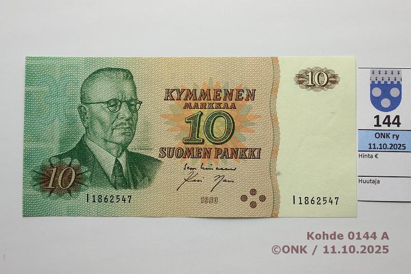 k-0144-a.jpg - Kohde 144, lhthinta: 65 € / myyntihinta: 76 € 10 mk 1980 I-sarja SNY 147.2.6 I1862547 LIN-Nar, korvaava, matta, ptahra, kunto: 8
