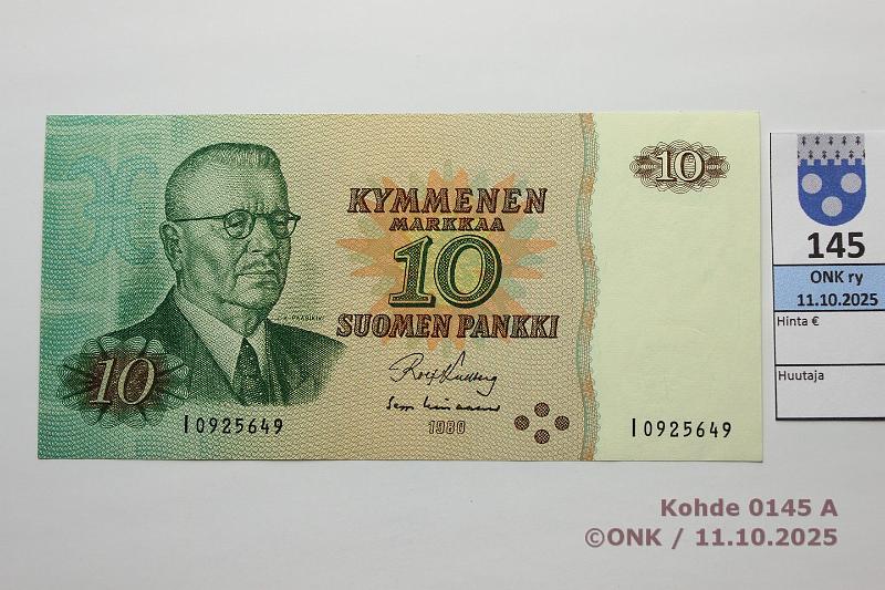 k-0145-a.jpg - Kohde 145, lhthinta: 100 € / myyntihinta: 100 € 10 mk 1980 I-sarja SNY 147.2.6 I0925649 KU I-Lin, korvaava, painuma, kunto: 9