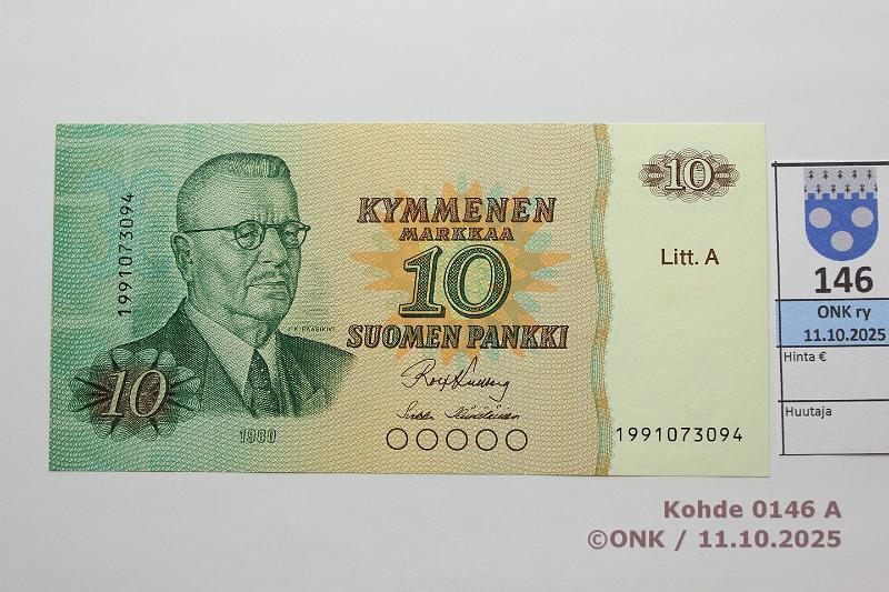 k-0146-a.jpg - Kohde 146, lhthinta: 15 € / myyntihinta: 15 € 10 mk 1980 LA 199-sarja SNY 147.4.1 1991073094 KU I-H1, korvaava, painuma, kunto: 9