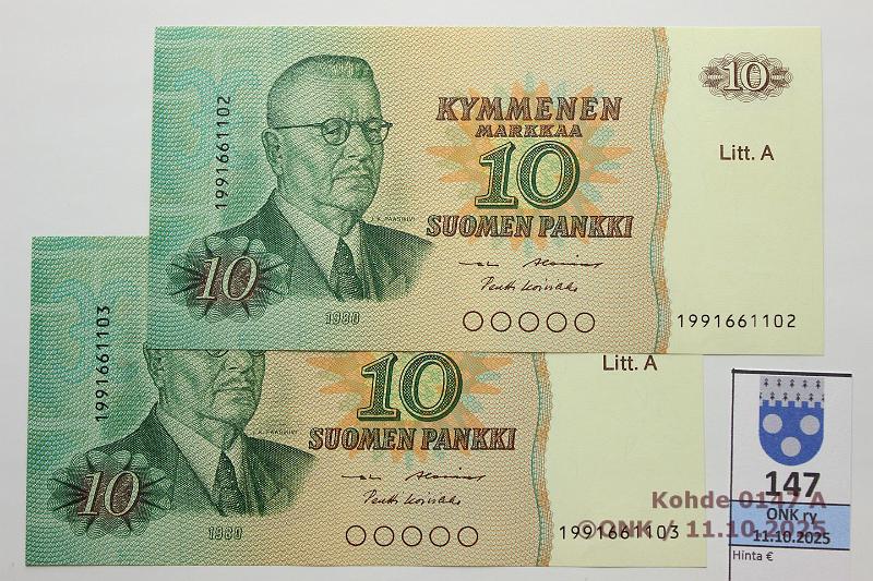 k-0147-a.jpg - Kohde 147, lhthinta: 30 € / myyntihinta: 30 € 10 mk 1980 LA 199-sarja (2) SNY 147.4.1 1991661102-03 AL I-Ko1, 2 perk. korvaavaa, kunto: 9