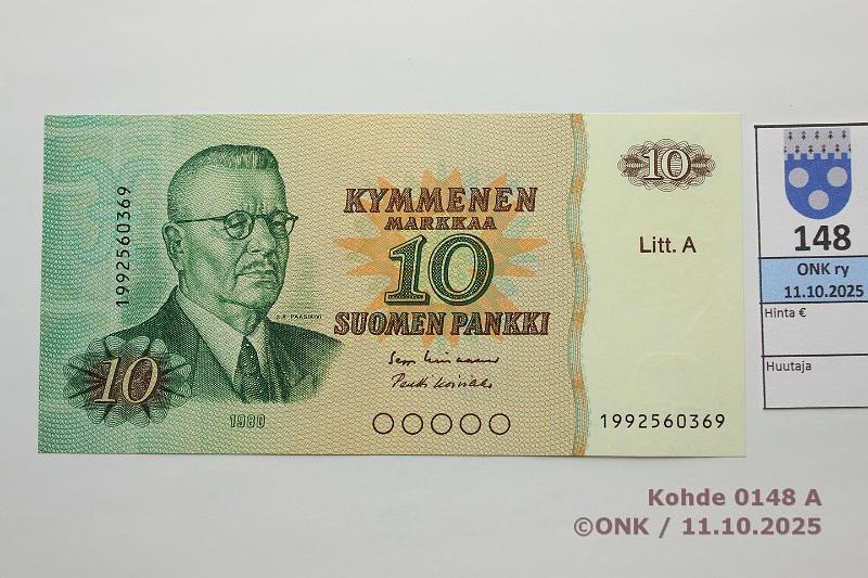 k-0148-a.jpg - Kohde 148, lhthinta: 30 € / myyntihinta: 30 € 10 mk 1980 LA 199-sarja SNY 147.4.2 1992560396 LIN-Ko1, korvaava, painaumia, kunto: 9