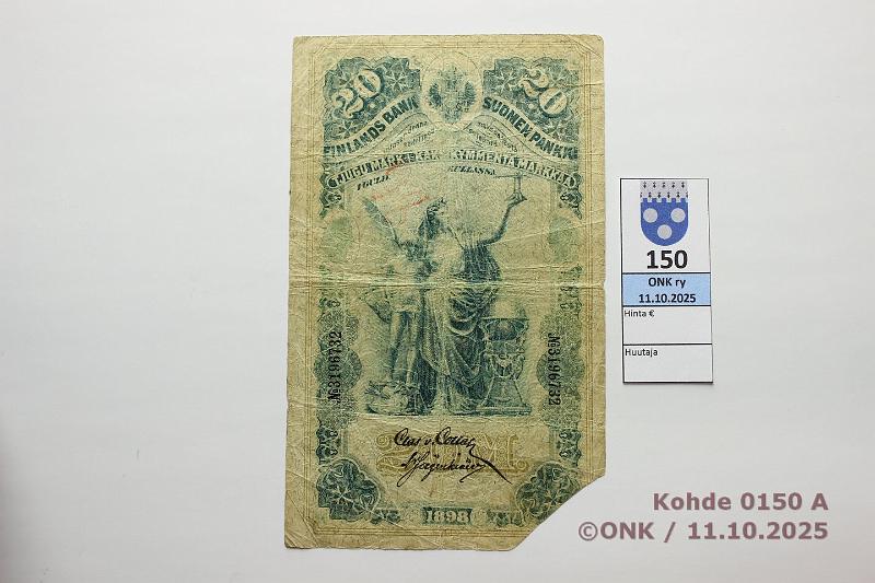 k-0150-a.jpg - Kohde 150 (kuva 1/2), lhthinta: 20 € / ei tarjouksia 20 mk 1898 SNY 154.2 3196732 COL-Jg, prep, reiki, kulmapuutos, kunto: 3