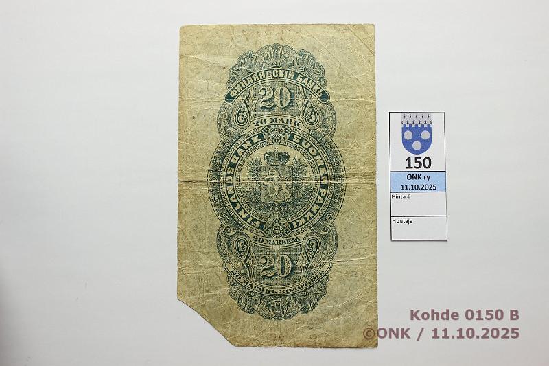 k-0150-b.jpg - Kohde 150 (kuva 2/2), l�ht�hinta: 20 &euro; / ei tarjouksia 20 mk 1898 SNY 154.2 3196732 COL-J�g, prep�, reiki�, kulmapuutos, kunto: 3