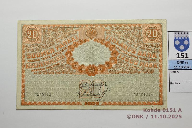 k-0151-a.jpg - Kohde 151 (kuva 1/2), lhthinta: 40 € / ei tarjouksia 20 mk 1909 SNY 156.1 9590144 JR-The, prep, kunto: 4
