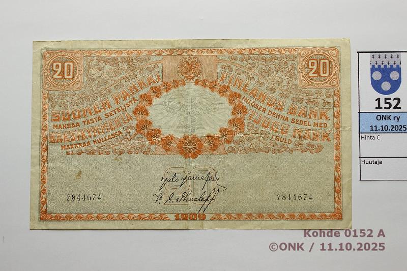 k-0152-a.jpg - Kohde 152 (kuva 1/2), lhthinta: 40 € / myyntihinta: 40 € 20 mk 1909 SNY 156.1 7844674 JR-The, kunto: 4