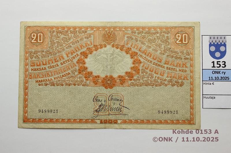 k-0153-a.jpg - Kohde 153 (kuva 1/2), l�ht�hinta: 60 &euro; / myyntihinta: 60 &euro; 20 mk 1909 SNY 156.1 9499921 COL-M�l, kunto: 5
