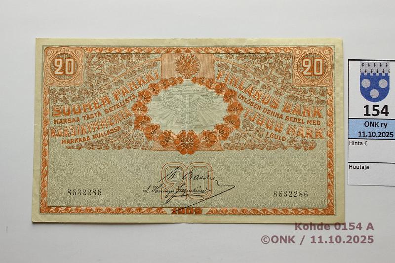 k-0154-a.jpg - Kohde 154 (kuva 1/2), lhthinta: 80 € / ei tarjouksia 20 mk 1909 SNY 156.1 8632286 BA I-His, kunto: 5