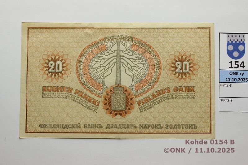 k-0154-b.jpg - Kohde 154 (kuva 2/2), lhthinta: 80 € / ei tarjouksia 20 mk 1909 SNY 156.1 8632286 BA I-His, kunto: 5