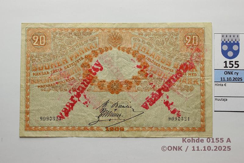 k-0155-a.jpg - Kohde 155 (kuva 1/2), l�ht�hinta: 40 &euro; / ei tarjouksia 20 mk 1909 KV SNY 156.4.1 9(0)90321 BA I-M�l, 9 muutettu 0:ksi, v��rennetty-leimat, kunto: 4