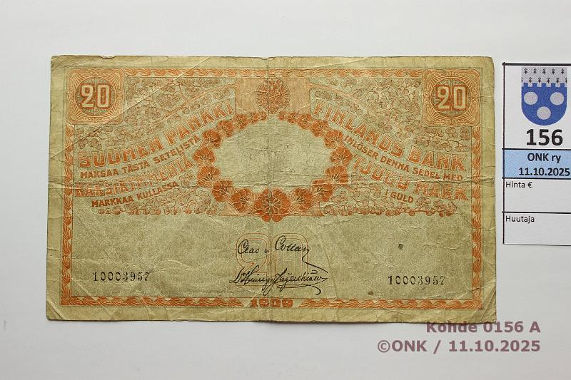 k-0156-a.jpg - Kohde 156 (kuva 1/2), lhthinta: 30 € / myyntihinta: 30 € 20 mk 1909 KV SNY 156.4.1 10003957 COL-His, 8 n:oa (painos 19000), niitinreit, kunto: 3