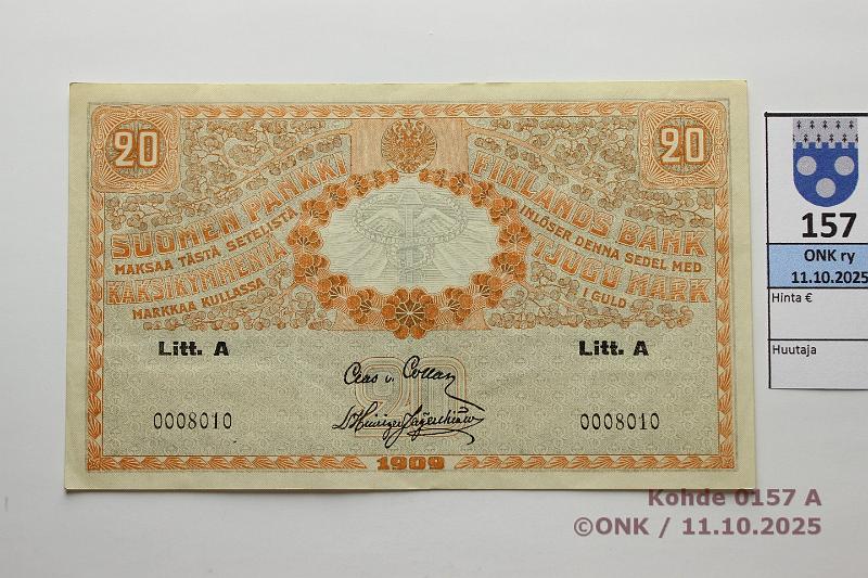 k-0157-a.jpg - Kohde 157 (kuva 1/2), lhthinta: 3500 € / ei tarjouksia 20 mk 1909 LA SNY 156.5 0008010 COL-His, harvinainen, kunto: 7