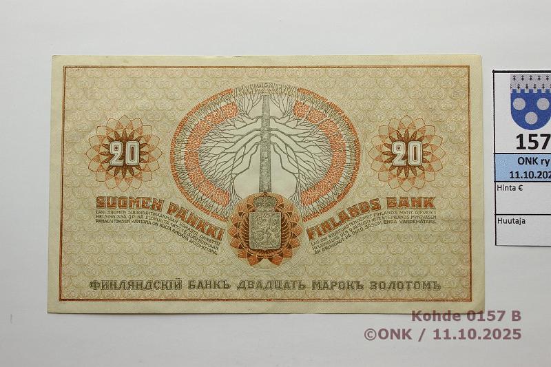 k-0157-b.jpg - Kohde 157 (kuva 2/2), l�ht�hinta: 3500 &euro; / ei tarjouksia 20 mk 1909 LA SNY 156.5 0008010 COL-His, harvinainen, kunto: 7