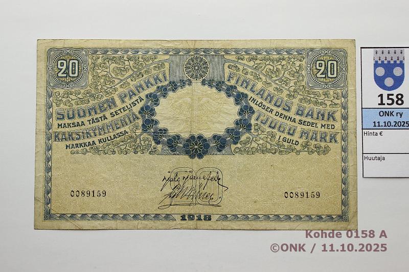 k-0158-a.jpg - Kohde 158 (kuva 1/2), lhthinta: 40 € / ei tarjouksia 20 mk 1918 SNY 157 0089159 JR-Ml, kunto: 4