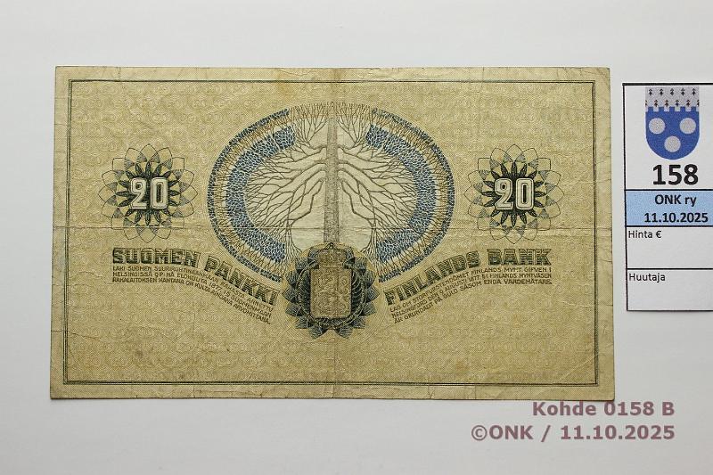 k-0158-b.jpg - Kohde 158 (kuva 2/2), l�ht�hinta: 40 &euro; / ei tarjouksia 20 mk 1918 SNY 157 0089159 J�R-M�l, kunto: 4