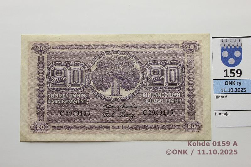 k-0159-a.jpg - Kohde 159 (kuva 1/2), lhthinta: 50 € / myyntihinta: 50 € 20 mk 1922 SNY 158.1 C0909135 HEU-The, kunto: 5