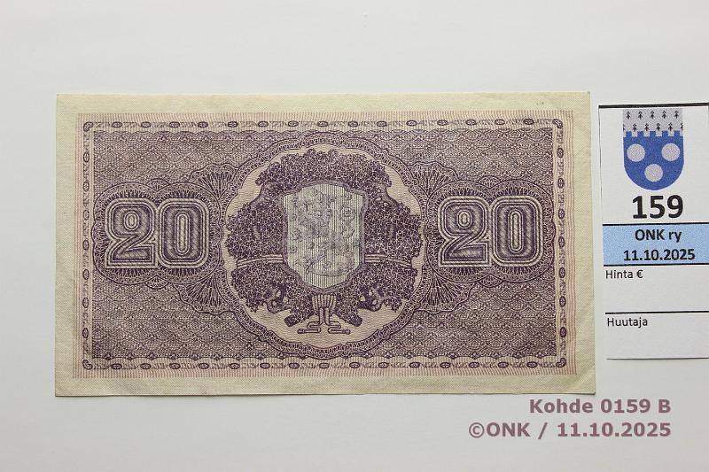 k-0159-b.jpg - Kohde 159 (kuva 2/2), l�ht�hinta: 50 &euro; / myyntihinta: 50 &euro; 20 mk 1922 SNY 158.1 C0909135 HEU-The, kunto: 5