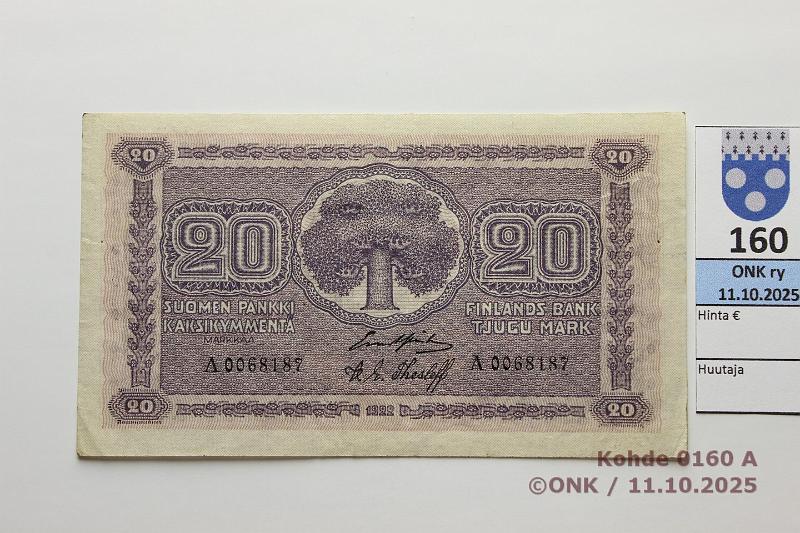 k-0160-a.jpg - Kohde 160 (kuva 1/2), lhthinta: 90 € / ei tarjouksia 20 mk 1922 SNY 158.1 A0068187 GR I-The, kunto: 6