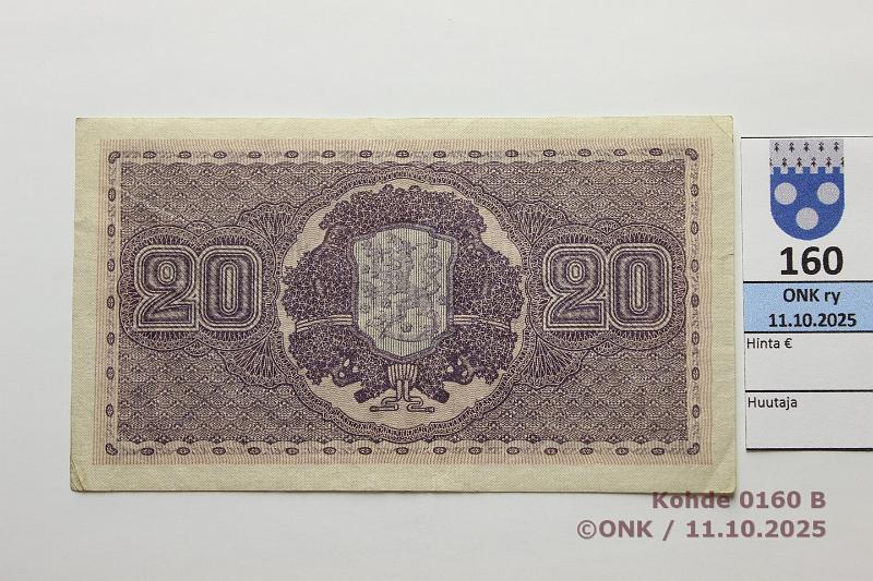 k-0160-b.jpg - Kohde 160 (kuva 2/2), l�ht�hinta: 90 &euro; / ei tarjouksia 20 mk 1922 SNY 158.1 A0068187 GR� I-The, kunto: 6