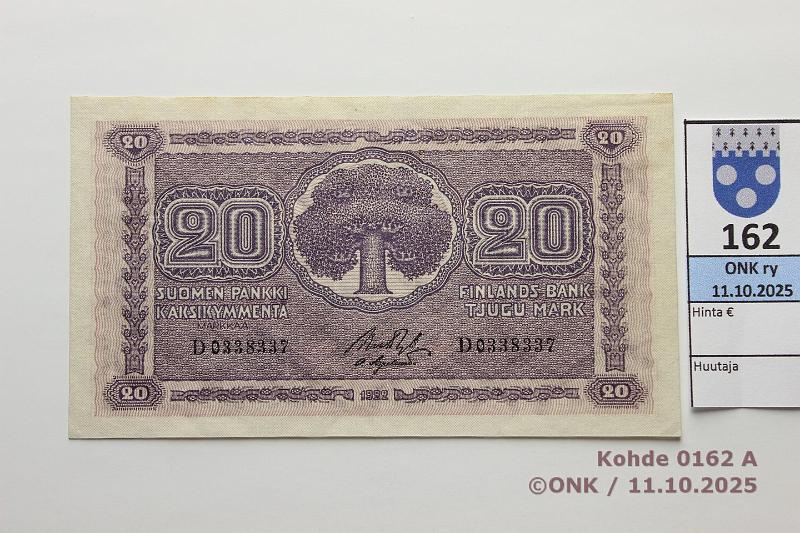 k-0162-a.jpg - Kohde 162 (kuva 1/2), l�ht�hinta: 180 &euro; / ei tarjouksia 20 mk 1922 SNY 158.1 D0338337 RYT-OAs, kunto: 8