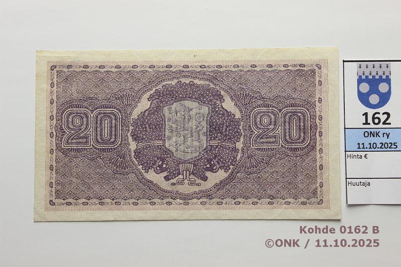 k-0162-b.jpg - Kohde 162 (kuva 2/2), lhthinta: 180 € / ei tarjouksia 20 mk 1922 SNY 158.1 D0338337 RYT-OAs, kunto: 8