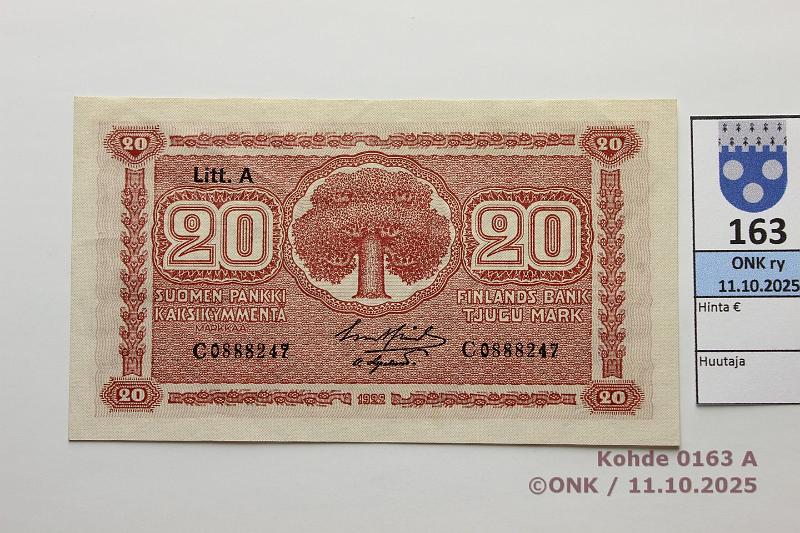 k-0163-a.jpg - Kohde 163 (kuva 1/2), lhthinta: 350 € / ei tarjouksia 20 mk 1922 LA SNY 158.2 C0888247 GR II-OAs, kunto: 7