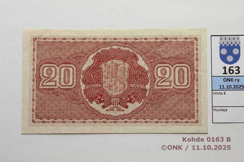 k-0163-b.jpg - Kohde 163 (kuva 2/2), l�ht�hinta: 350 &euro; / ei tarjouksia 20 mk 1922 LA SNY 158.2 C0888247 GR� II-OAs, kunto: 7
