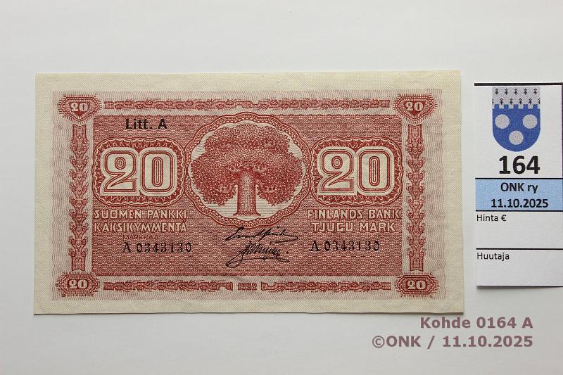k-0164-a.jpg - Kohde 164 (kuva 1/2), l�ht�hinta: 600 &euro; / ei tarjouksia 20 mk 1922 LA SNY 158.2 A0343130 GR� I-M�l, kulmissa painumat, kunto: 9