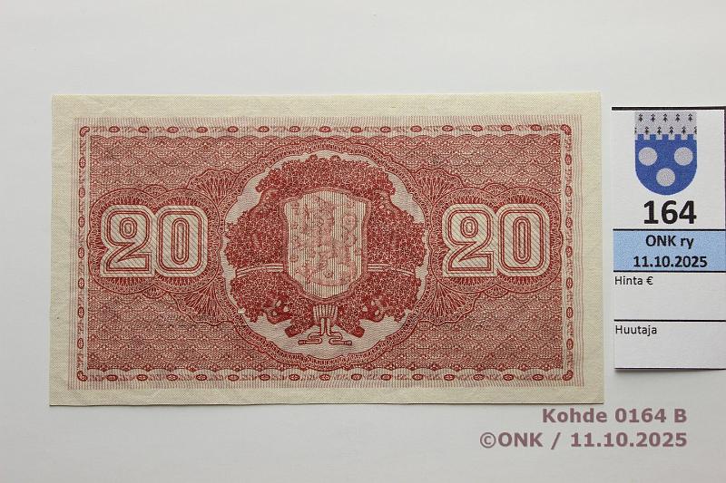 k-0164-b.jpg - Kohde 164 (kuva 2/2), lhthinta: 600 € / ei tarjouksia 20 mk 1922 LA SNY 158.2 A0343130 GR I-Ml, kulmissa painumat, kunto: 9