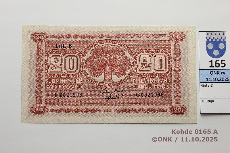 k-0165-a.jpg - Kohde 165 (kuva 1/2), l�ht�hinta: 1500 &euro; / ei tarjouksia 20 mk 1922 LB SNY 158.3 C0021996 HEU-OAs, harvinainen kunto, kunto: 9
