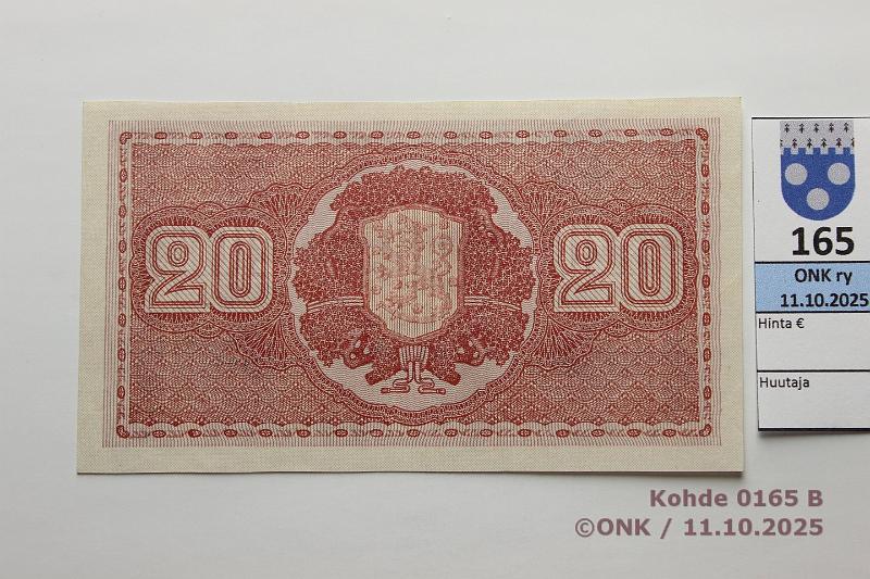 k-0165-b.jpg - Kohde 165 (kuva 2/2), l�ht�hinta: 1500 &euro; / ei tarjouksia 20 mk 1922 LB SNY 158.3 C0021996 HEU-OAs, harvinainen kunto, kunto: 9