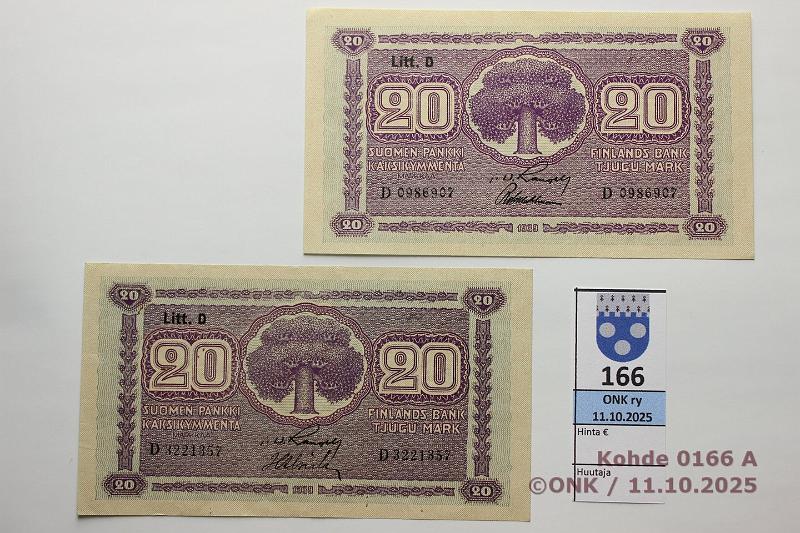 k-0166-a.jpg - Kohde 166, lhthinta: 28 € / myyntihinta: 32 € 20 mk 1939 LD (2) SNY 159.1+.2 D
RAN-Wah, vl1; D
RAN-Als, vl2, matta, kunto: 8, 6