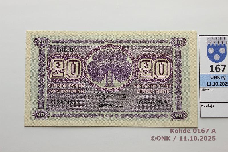 k-0167-a.jpg - Kohde 167 (kuva 1/2), lhthinta: 25 € / myyntihinta: 36 € 20 mk 1939 LD SNY 159.1 C8804859 JUT-Wah, vl1, kunto: 9