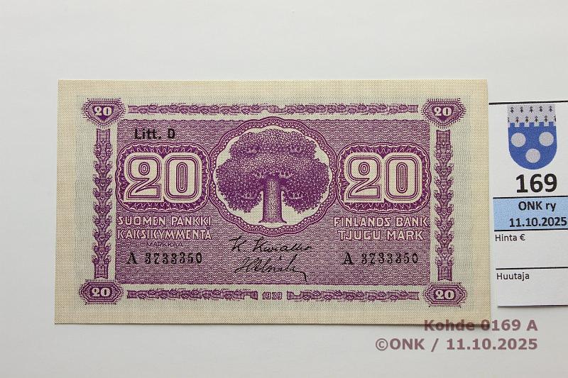 k-0169-a.jpg - Kohde 169, l�ht�hinta: 18 &euro; / myyntihinta: 24 &euro; 20 mk 1939 LD SNY 159.2 A3733350 KIV-Als, vl2, painumia, kunto: 9