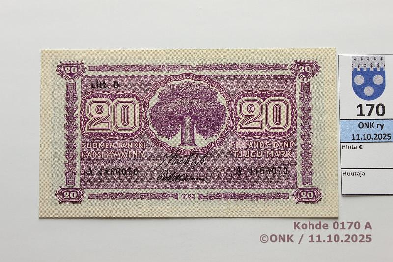 k-0170-a.jpg - Kohde 170, lhthinta: 18 € / myyntihinta: 25 € 20 mk 1939 LD SNY 159.2 A4466070 RYT-Wah, vl2, painumia, kunto: 9