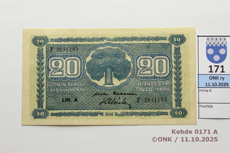 k-0171-a.jpg - Kohde 171 (kuva 1/2), lhthinta: 12 € / myyntihinta: 12 € 20 mk 1945 LA SNY 160.1.1 F2631793 KEK-Als, kunto: 8