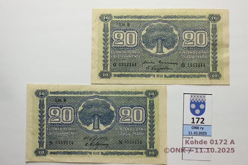k-0172-a.jpg - Kohde 172 (kuva 1/2), lhthinta: 6 € / myyntihinta: 11 € 20 mk 1945 LB (2) SNY 160.2.1 N
JUT-Kil, G
KEK-Car(lainetta), kunto: 5, 6