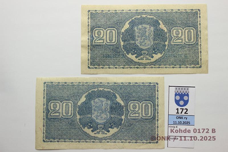 k-0172-b.jpg - Kohde 172 (kuva 2/2), lhthinta: 6 € / myyntihinta: 11 € 20 mk 1945 LB (2) SNY 160.2.1 N
JUT-Kil, G
KEK-Car(lainetta), kunto: 5, 6