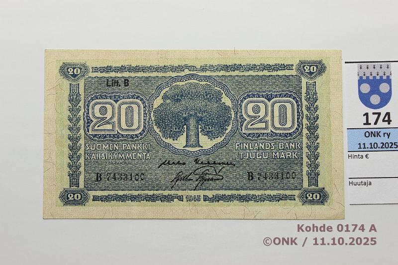 k-0174-a.jpg - Kohde 174 (kuva 1/2), lhthinta: 18 € / ei tarjouksia 20 mk 1945 LB SNY 160.2.1 B7433100 KEK-AAs, painuma, kunto: 9