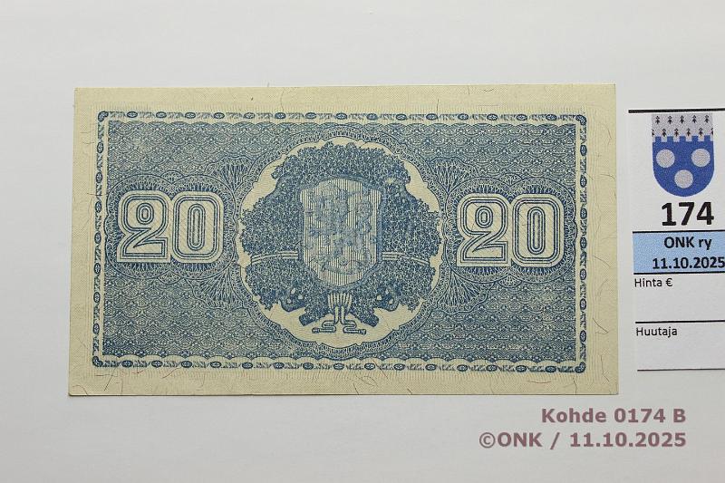 k-0174-b.jpg - Kohde 174 (kuva 2/2), l�ht�hinta: 18 &euro; / ei tarjouksia 20 mk 1945 LB SNY 160.2.1 B7433100 KEK-AAs, painuma, kunto: 9