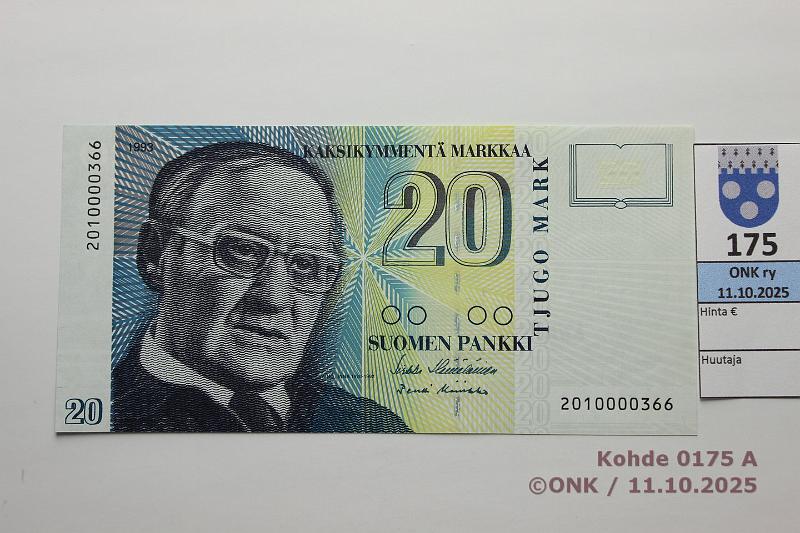 k-0175-a.jpg - Kohde 175, lhthinta: 25 € / myyntihinta: 38 € 20 mk 1993 SNY 161.1 2010000366 H II-Ko2, pienehk sarjan:o, kunto: 9