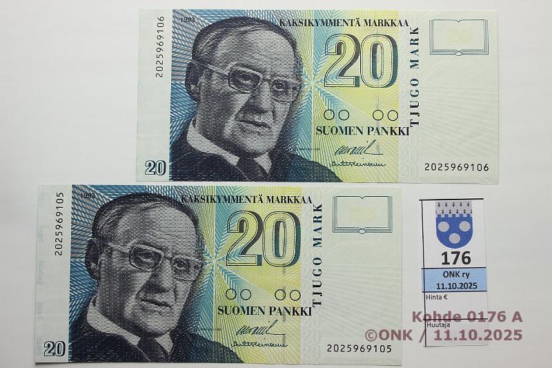 k-0176-a.jpg - Kohde 176, lhthinta: 12 € / myyntihinta: 13 € 20 mk 1993 (2) SNY 161.1 2025969105-06 OL II-Hei, 2 perk., kunto: 9